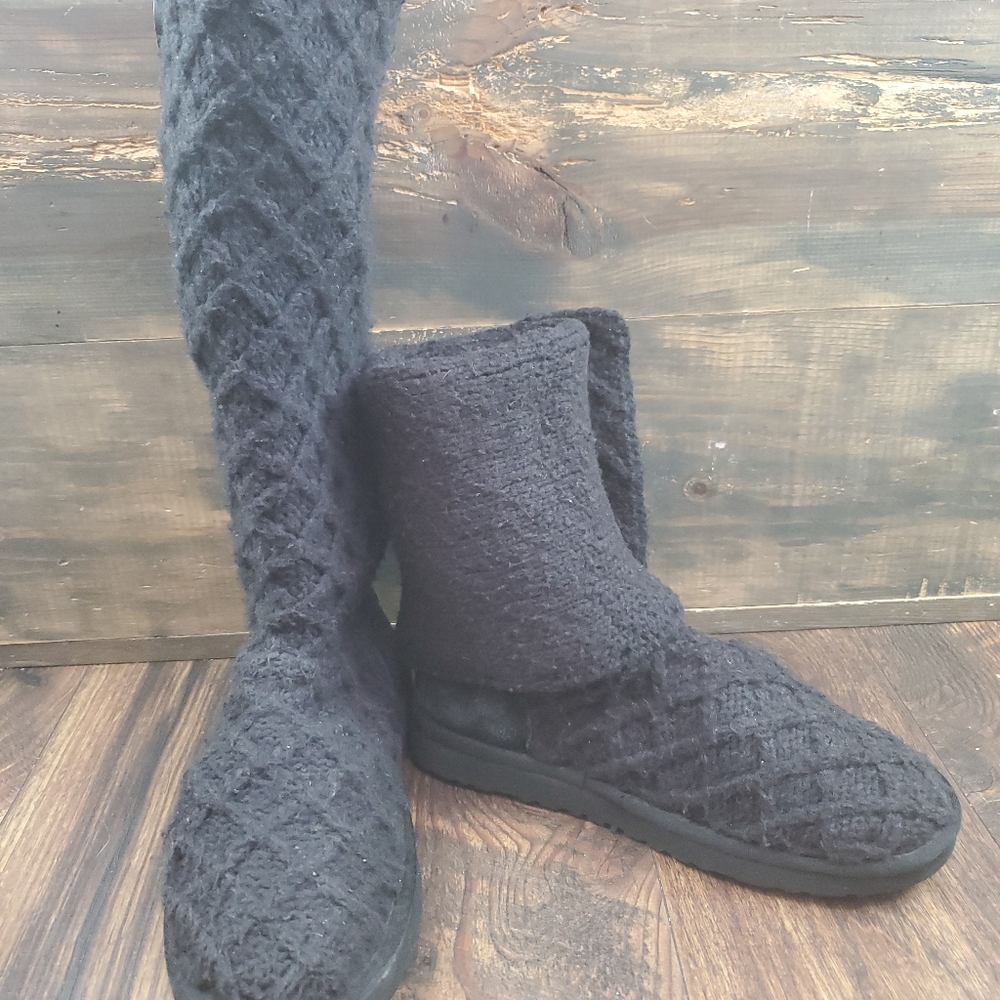 UGG Black Lattice Cardy Tall Boots Knit Button Sweater Foldable Womens Size 7